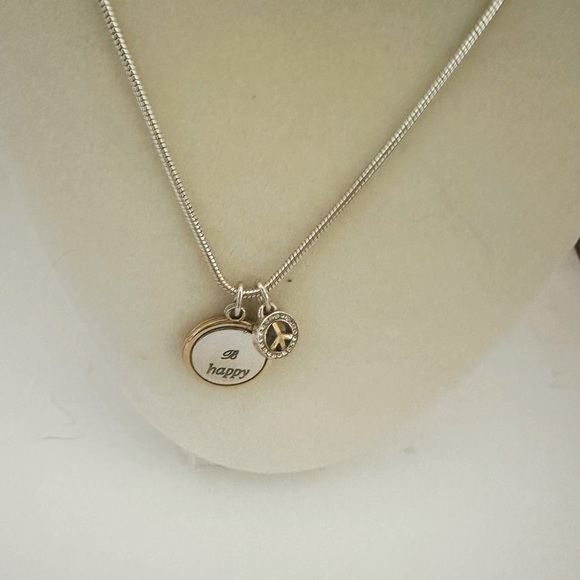Brighton B Happy Triple Peace & Heart Two Toned Charm Silver Necklace Chain - Picture 7 of 10
